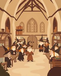 A captivating illustration showcases a modern, flat-design depiction of a magical school brimming with young wizards.  Render