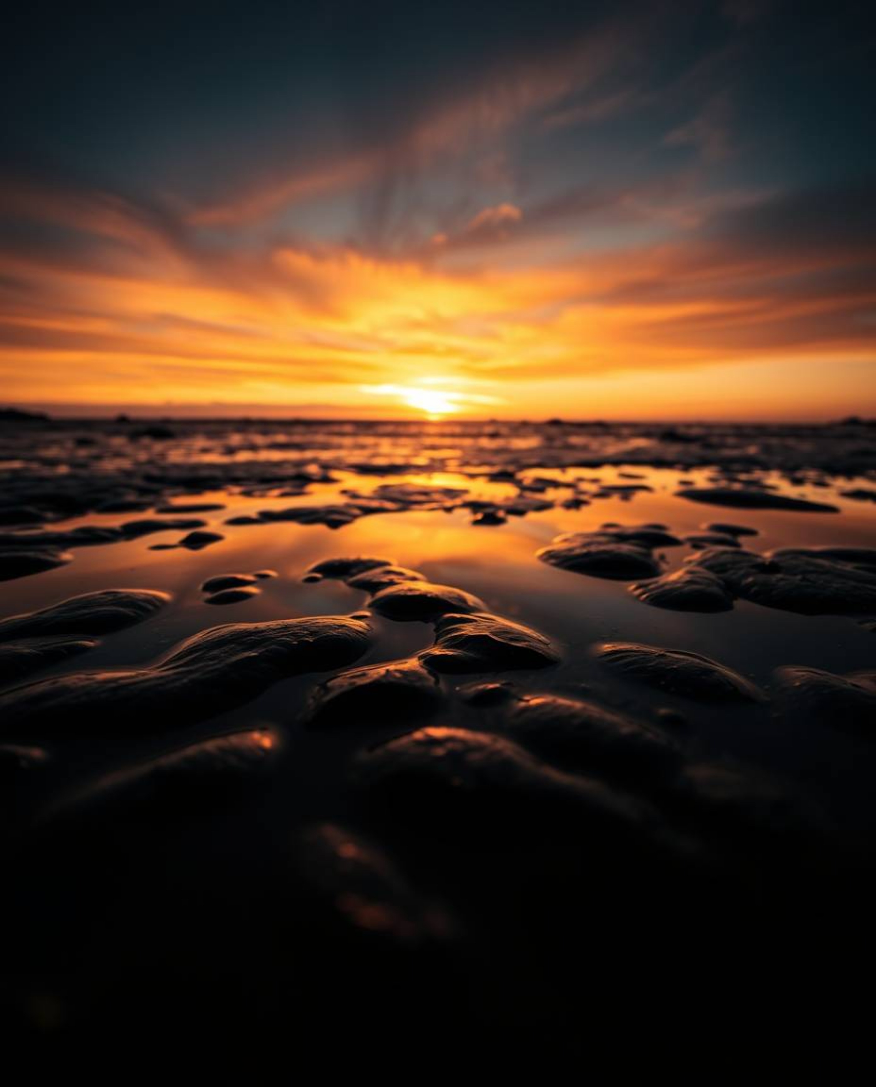 A tight close-up shot, defined by contrasting chiaroscuro lighting, depicts a sunset sky mirrored in the still waters of tida