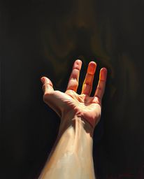 A captivating classic oil painting depicts a hand emerging from darkness, reaching towards a radiant light source.  The artwo