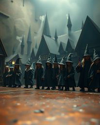 A captivating close-up reveals a magical school teeming with young wizards, rendered on a bronze surface with a soft cinemati