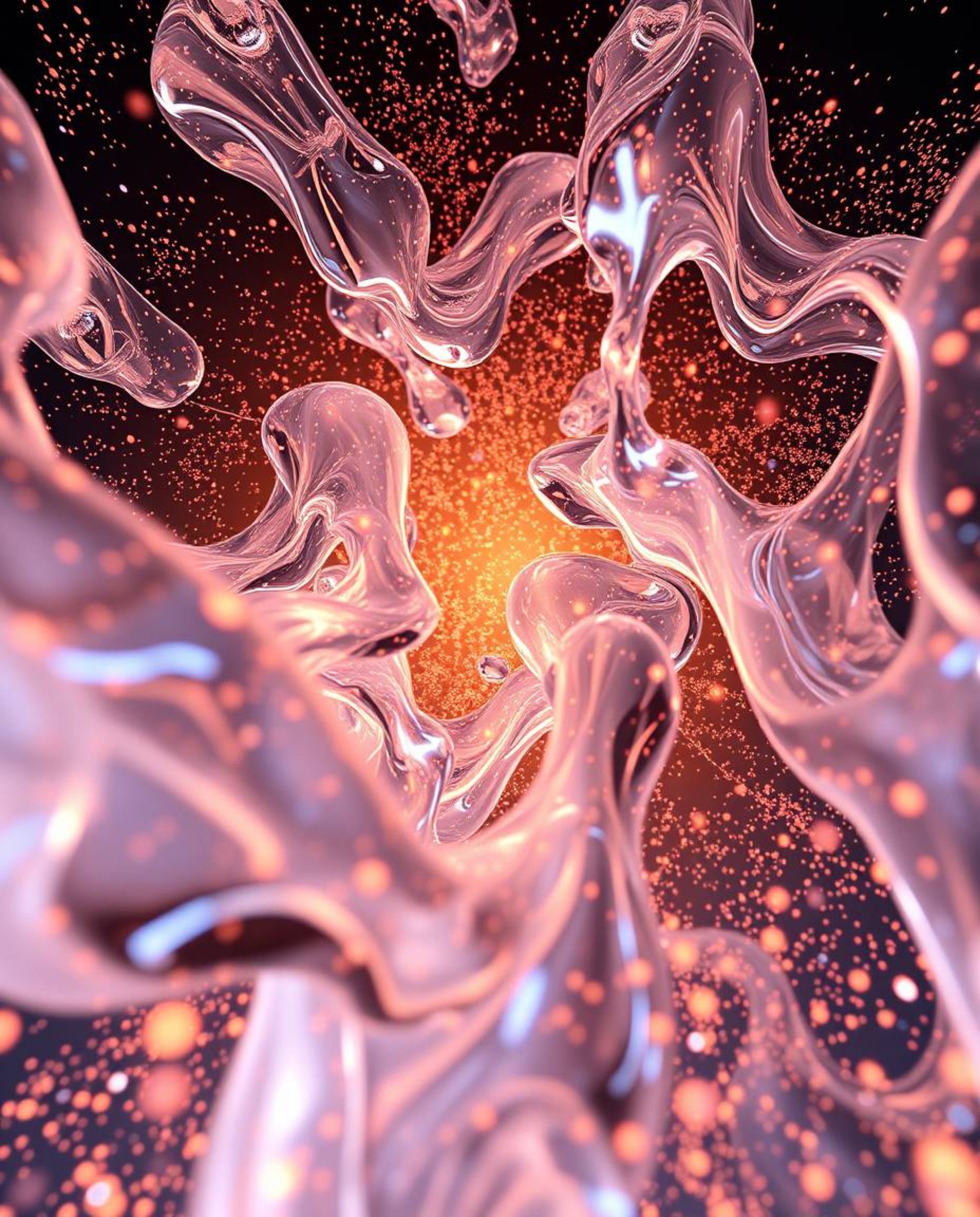 A captivating low-angle digital rendering showcases glassy fluid 3D shapes in constant motion, elegantly surrounded by a swar