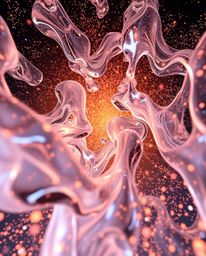 A captivating low-angle digital rendering showcases glassy fluid 3D shapes in constant motion, elegantly surrounded by a swar