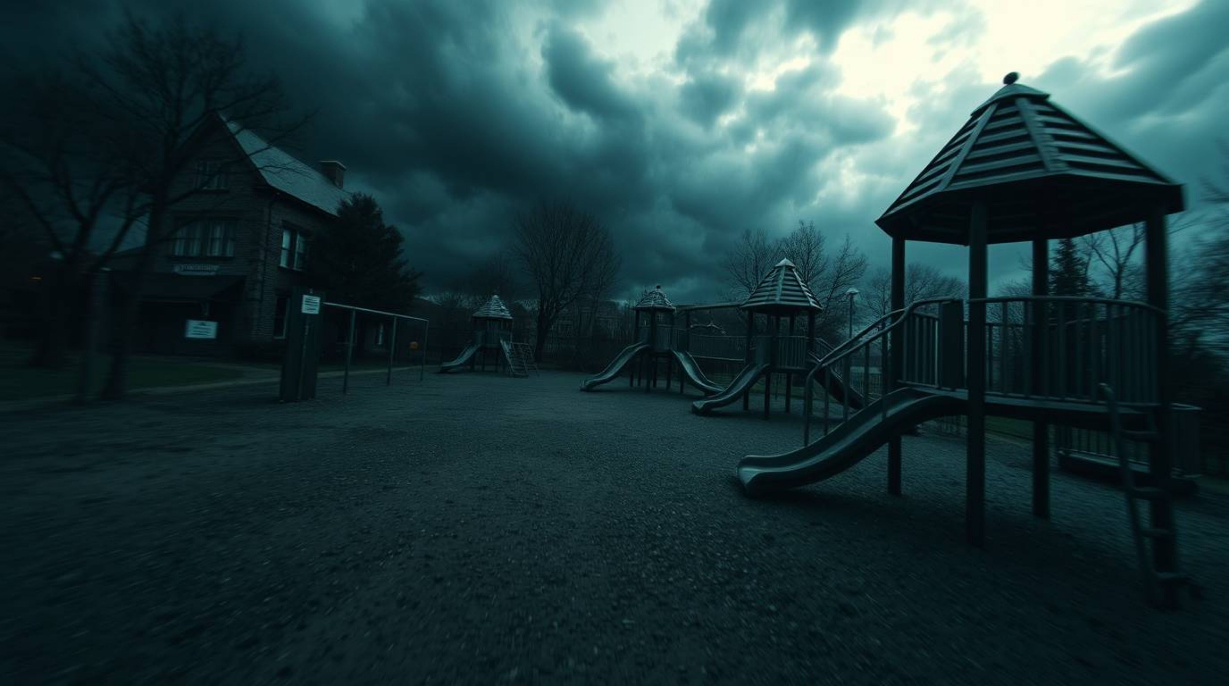 Experience a dramatic slow-motion run through a playground enveloped in an eerie, creepy atmosphere.  Intense dramatic weathe