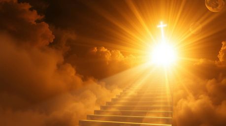 Immerse yourself in a creative light art photograph showcasing a warm, golden glow. This surreal image depicts a stairway asc