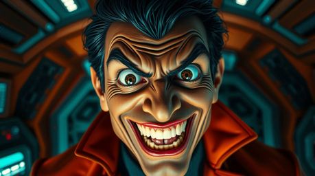 Witness a villain's hilarious meltdown in a sleek, futuristic high-tech lair. With wide, expressive eyes and a mischievous gr