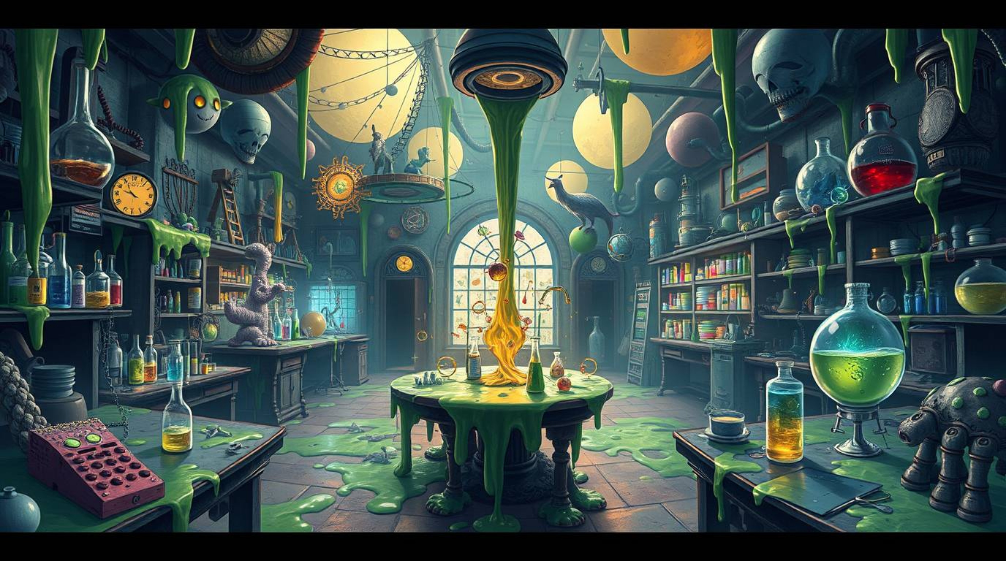 Explore a dreamlike and surreal image of a slime-covered science lab, brimming with fantastical elements and bizarre scenes. 