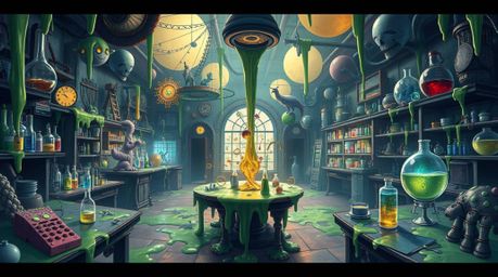 Explore a dreamlike and surreal image of a slime-covered science lab, brimming with fantastical elements and bizarre scenes. 