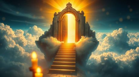 This stunning fantasy realism painting depicts a heavenly gate suspended above a sea of clouds, with a grand staircase leadin