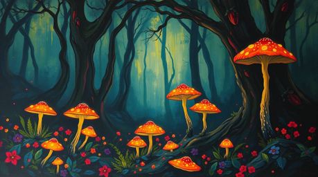 Discover a captivating acrylic painting depicting a vintage enchanted forest.  Glowing mushrooms illuminate the scene amidst 