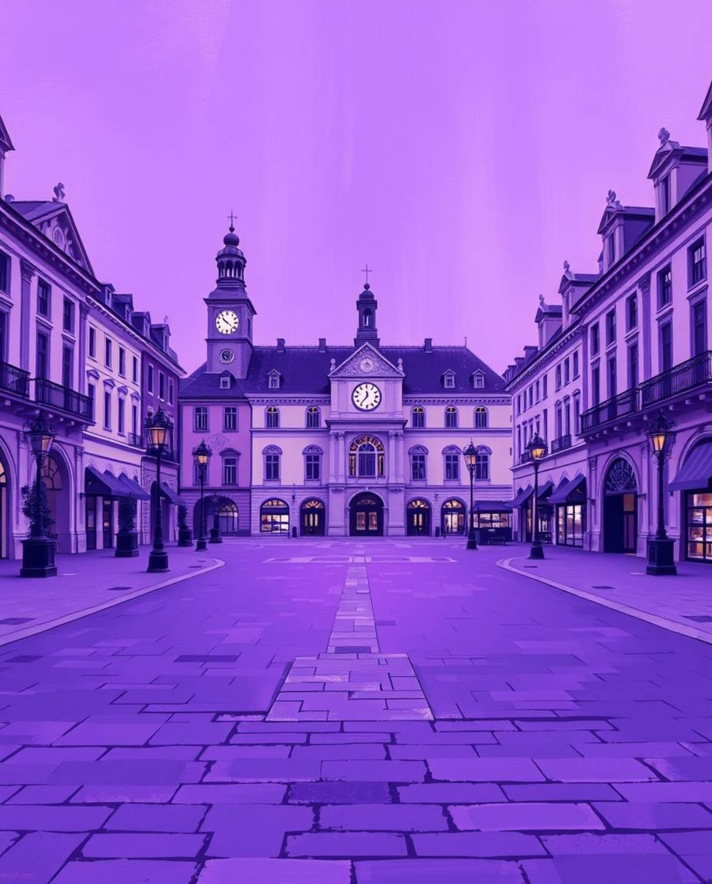 A digitally painted image showcasing an empty town square, bathed in deep ultraviolet hues, with ticking clocks serving as a 