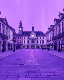 A digitally painted image showcasing an empty town square, bathed in deep ultraviolet hues, with ticking clocks serving as a 