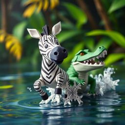 This image features an extreme macro close-up of a vibrant origami-style 3D cartoon zebra and crocodile. The zebra, with expr