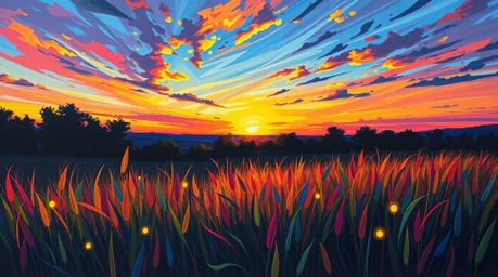 A captivating painting depicts a vibrant electric-colored sunset over a tranquil meadow.  Fireflies begin to appear, adding a