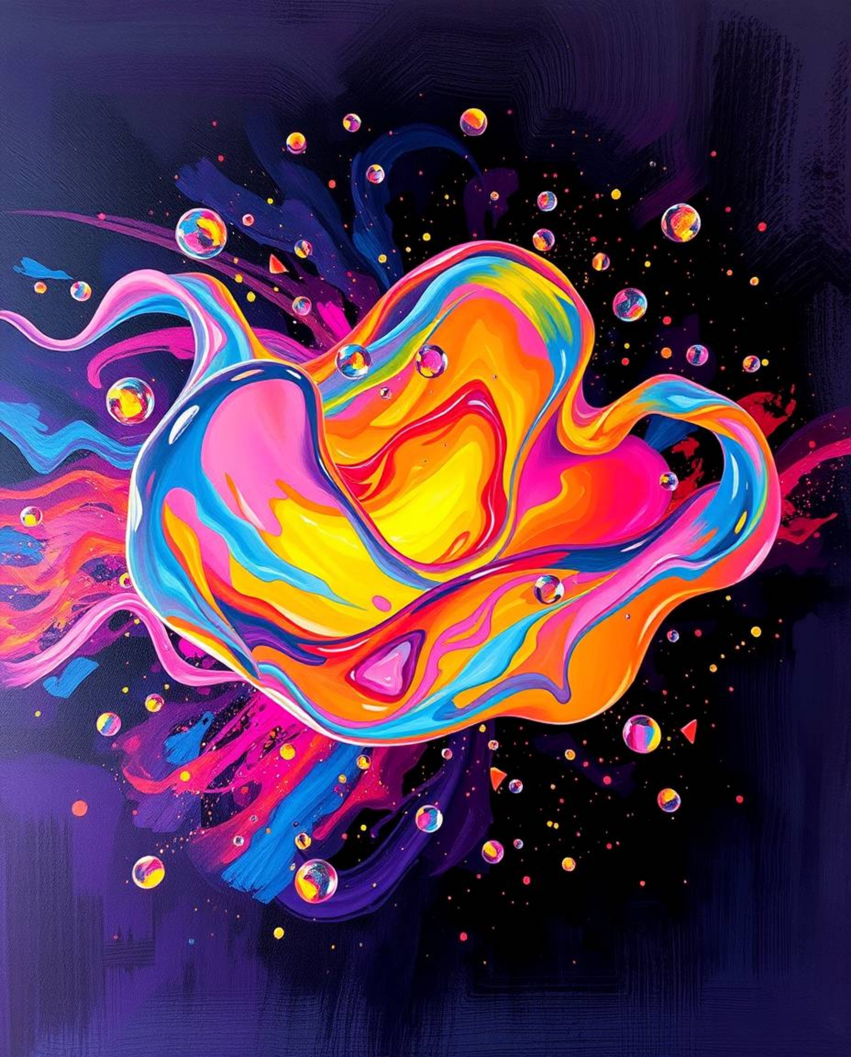 This vibrant acrylic painting captures the mesmerizing beauty of glassy fluid 3D shapes in motion, surrounded by glowing part