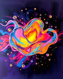 This vibrant acrylic painting captures the mesmerizing beauty of glassy fluid 3D shapes in motion, surrounded by glowing part