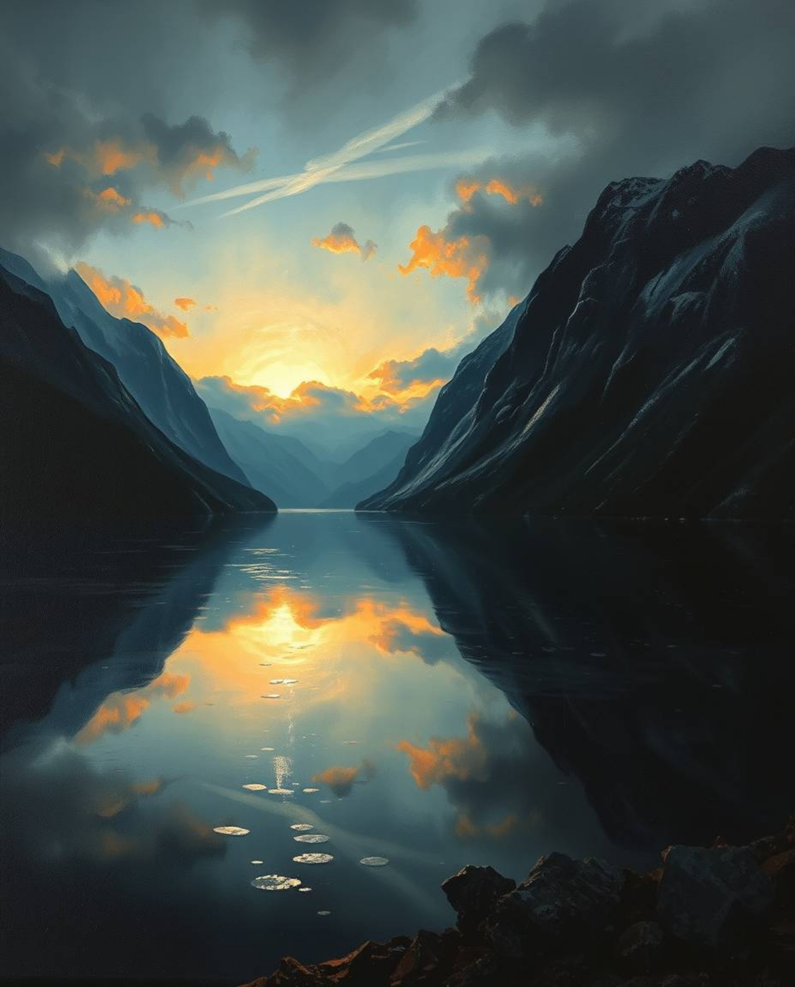 A classic oil painting depicts a glassy fjord reflecting a sunset. This artwork creates an eerie, creepy atmosphere through i