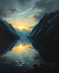 A classic oil painting depicts a glassy fjord reflecting a sunset. This artwork creates an eerie, creepy atmosphere through i