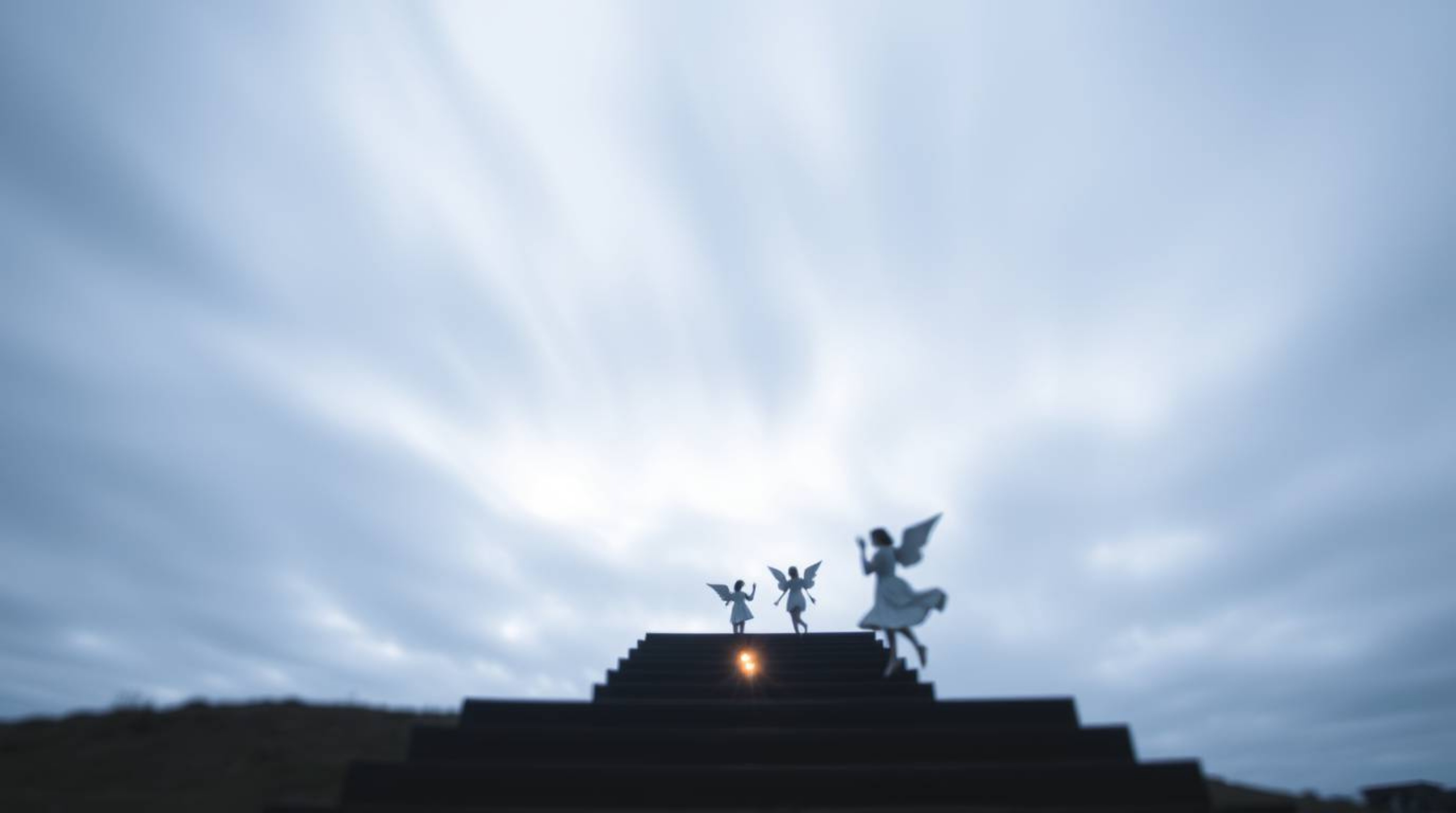 A long exposure photograph capturing steps of light ascending into a cloudy sky, with angelic figures silhouetted on the hori
