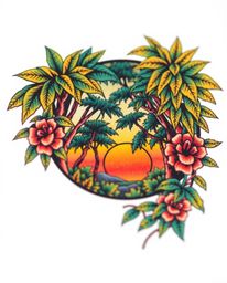 A tight close-up shot of a symbolic traditional tattoo art print, depicting a sunset seen through a dense jungle canopy. This