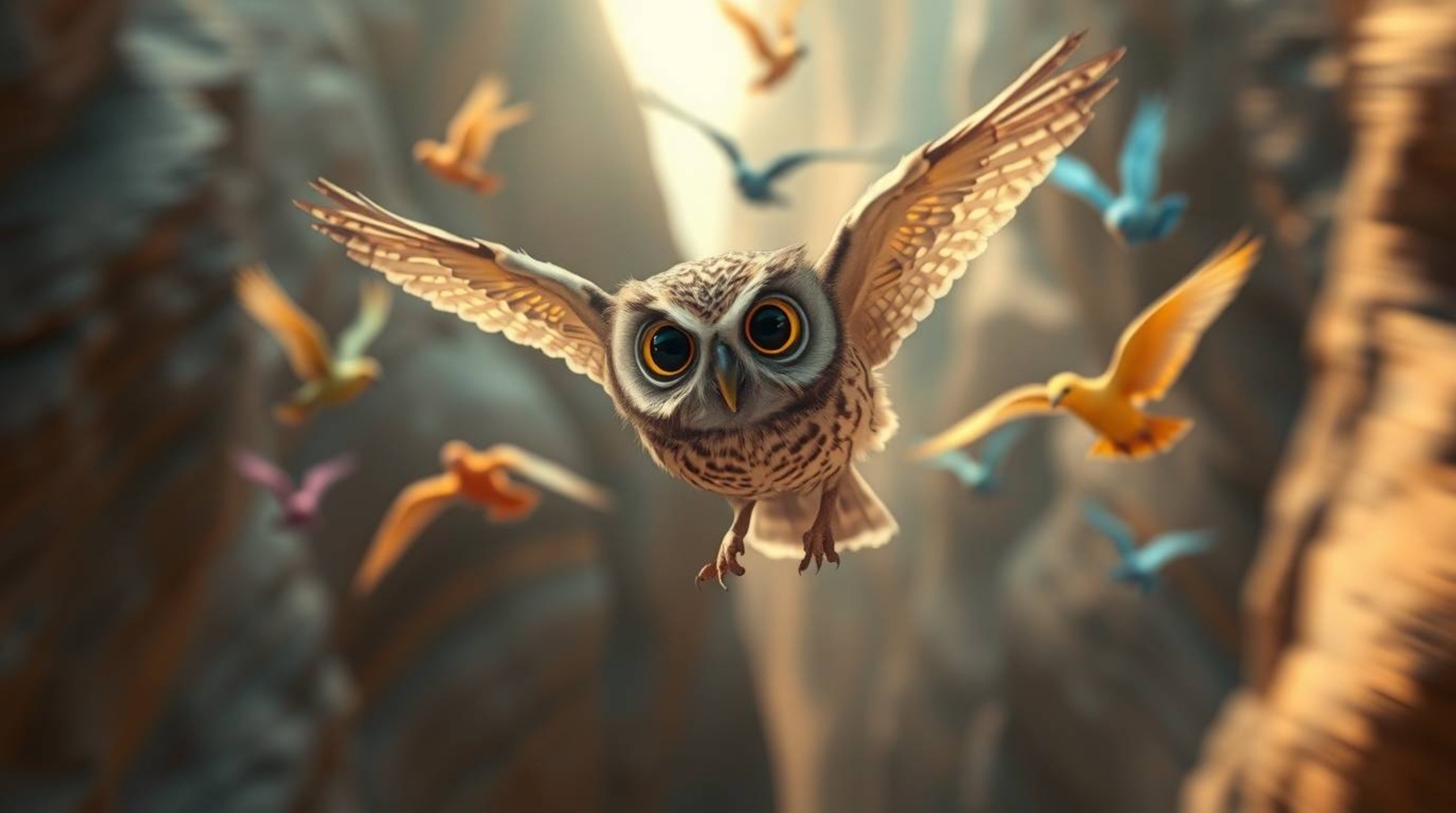 This stunning image captures an ethereal and spiritual vibe, featuring a blind owl rendered in Pixar style with large, expres
