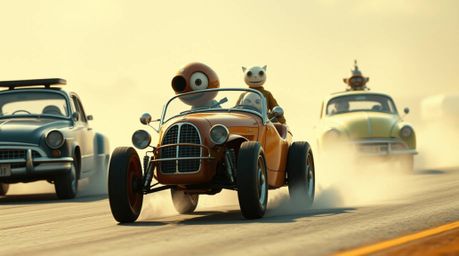 Experience a whimsical racing scene filled with bizarre and extraordinary vehicles.  Rendered in a soft, cinematic haze with 