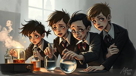 A dynamic digital sketch captures a group of quirky kids with diverse features, clad in classic school uniforms, engaging in 