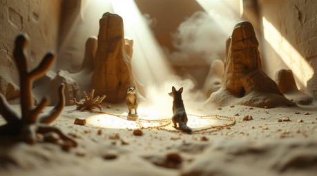 A captivating sculptural clay art piece, viewed from a dramatic low angle, portrays a coyote meticulously setting up a ridicu