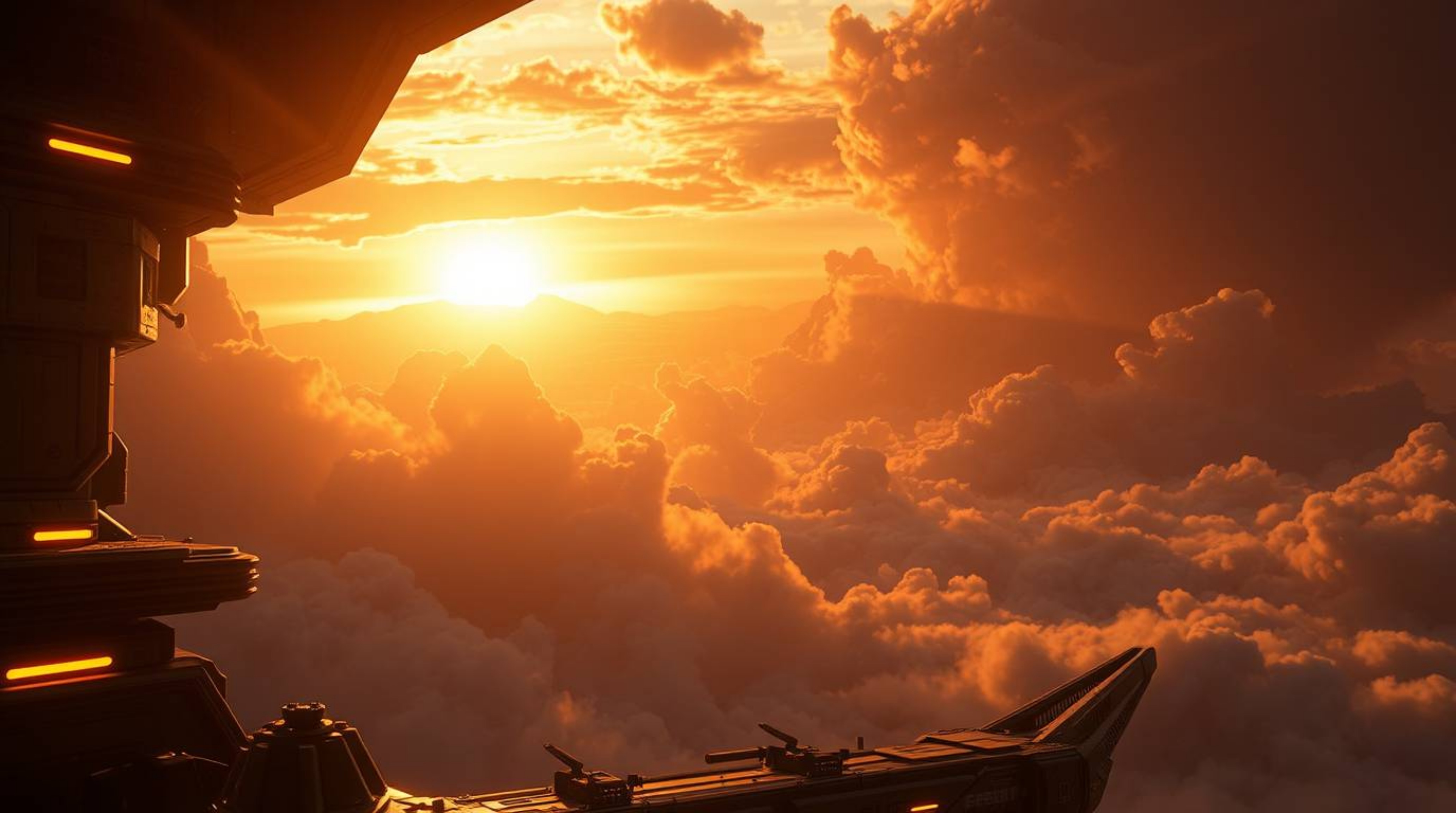 A captivating image depicting a futuristic sci-fi scene. Warm golden hour light illuminates dramatic thunderstorm clouds at s