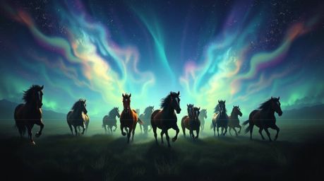 A stunning digital painting captures a herd of wild horses in full gallop beneath a mesmerizing bioluminescent sky. The artwo
