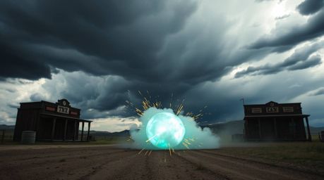Experience a classic exploding TNT gag set against the backdrop of the wild west, amplified by intense dramatic weather. This