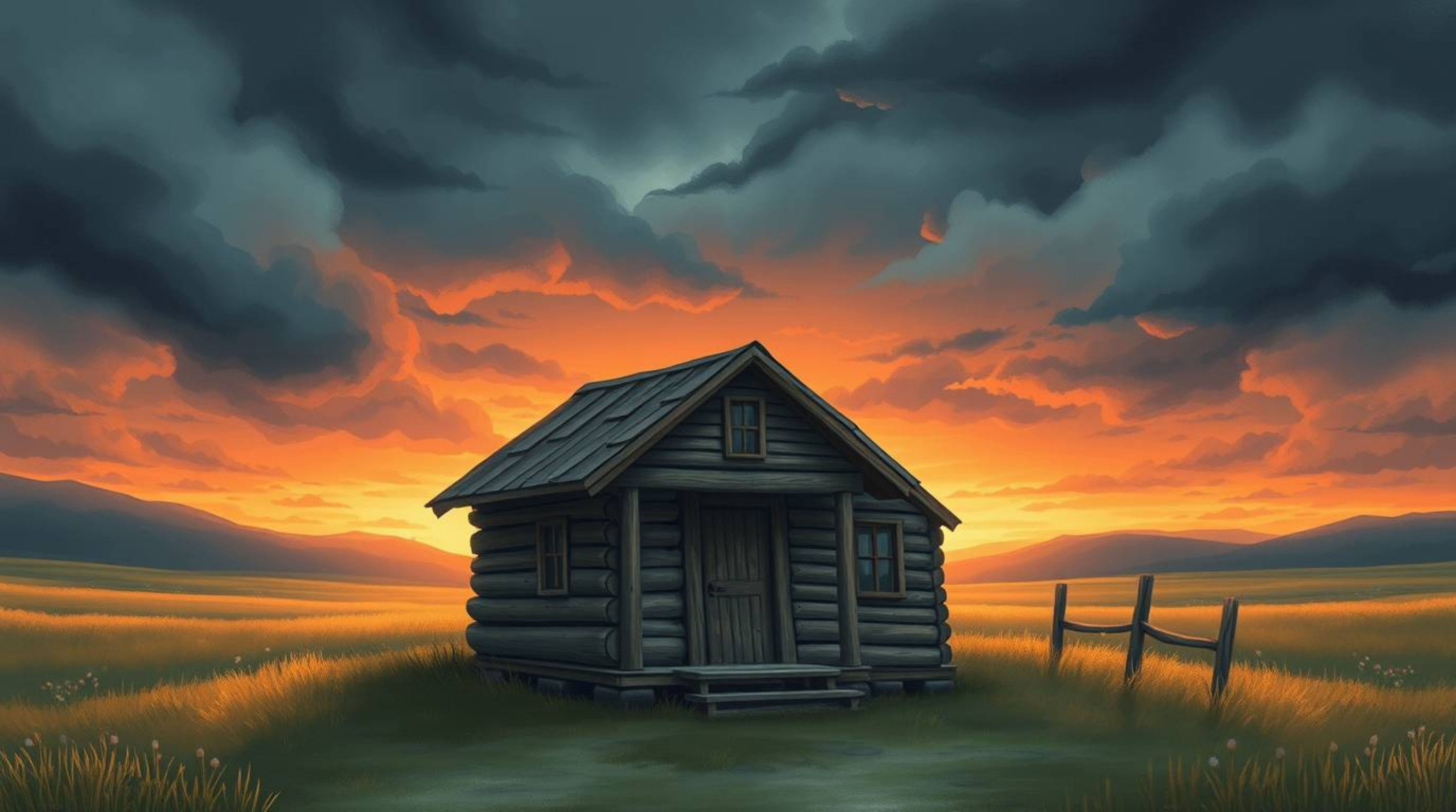This artwork features a pastel-colored illustration of an old wooden cabin bathed in the light of a stormy sunset. The image 