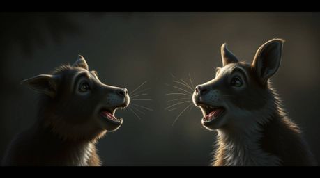 A captivating digital painting showcases two sharply focused talking animals engaged in playful mischief.  The high contrast 