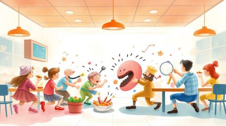 A whimsical watercolor painting depicts a chaotic yet delightful cartoon cafeteria food fight.  The artwork showcases smooth 