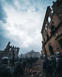 A low angle perspective capturing a dramatic battlefield scene featuring time-warped soldiers amidst crumbling buildings evok