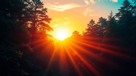 A stunning digital painting captures a dense forest bathed in the golden hues of sunset.  Volumetric lighting dramatically il