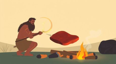 This illustration depicts a caveman cooking mammoth meat over a fire, rendered in a modern flat design style. The soft pastel