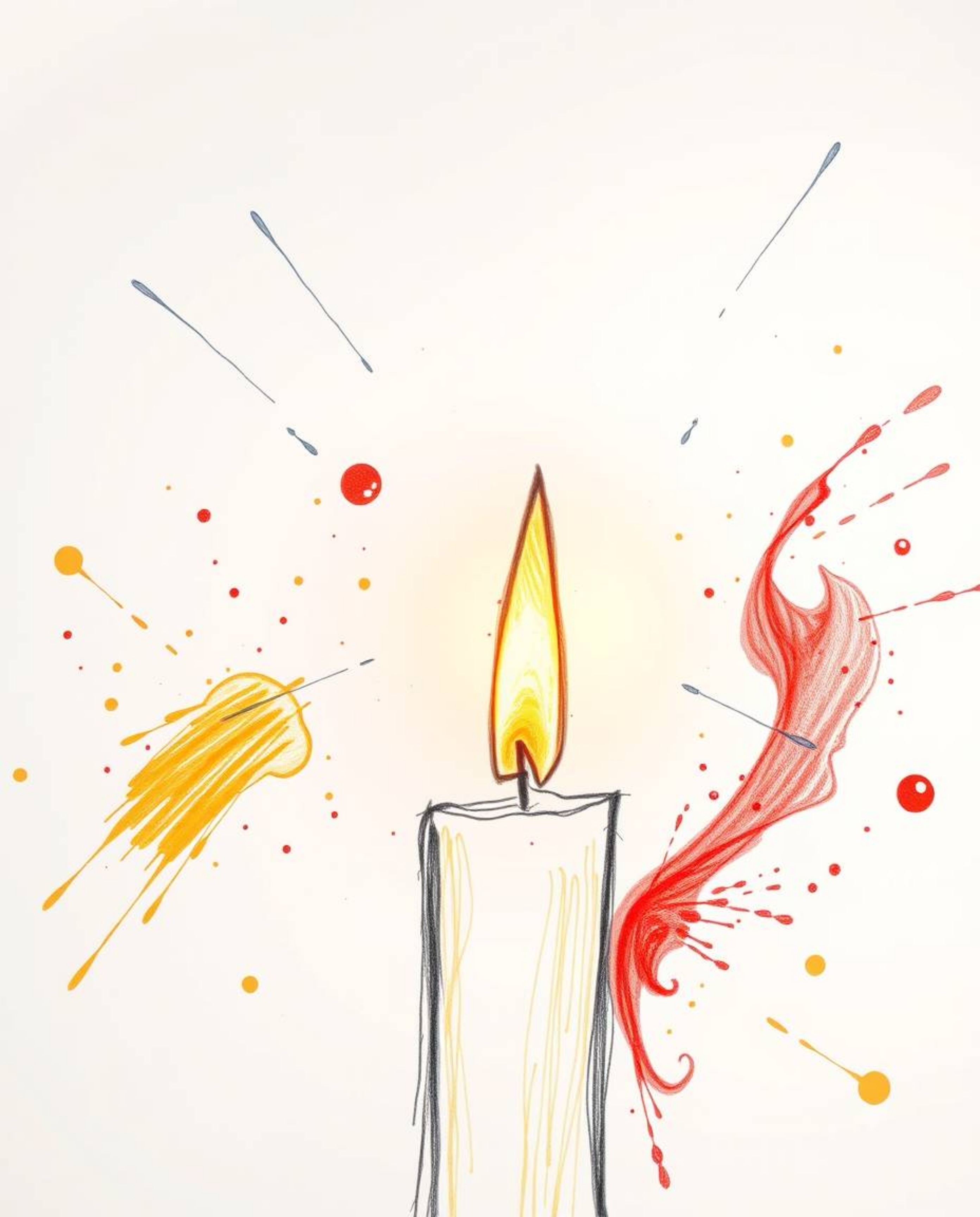 This series features high-angle, hand-drawn sketches of warm candlelight, captured with dynamic colorful splashes on both whi