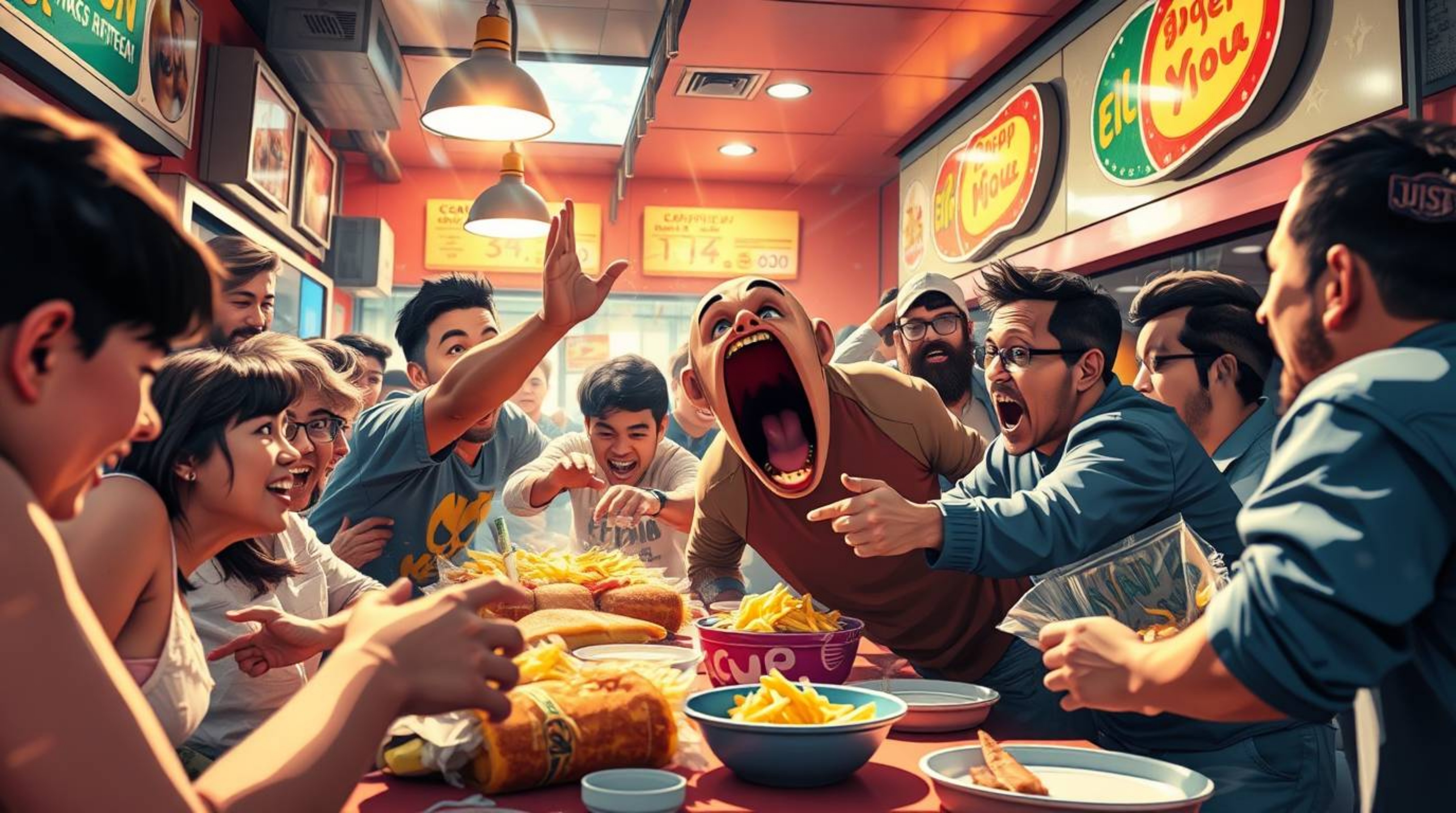 A captivating candid street photography-style image showcases a chaotic and hilarious food fight erupting within a vibrant ca
