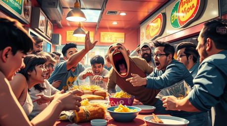 A captivating candid street photography-style image showcases a chaotic and hilarious food fight erupting within a vibrant ca