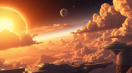A captivating futuristic sci-fi illustration showcases a radiant and luxurious aesthetic.  Warm golden glows illuminate advan