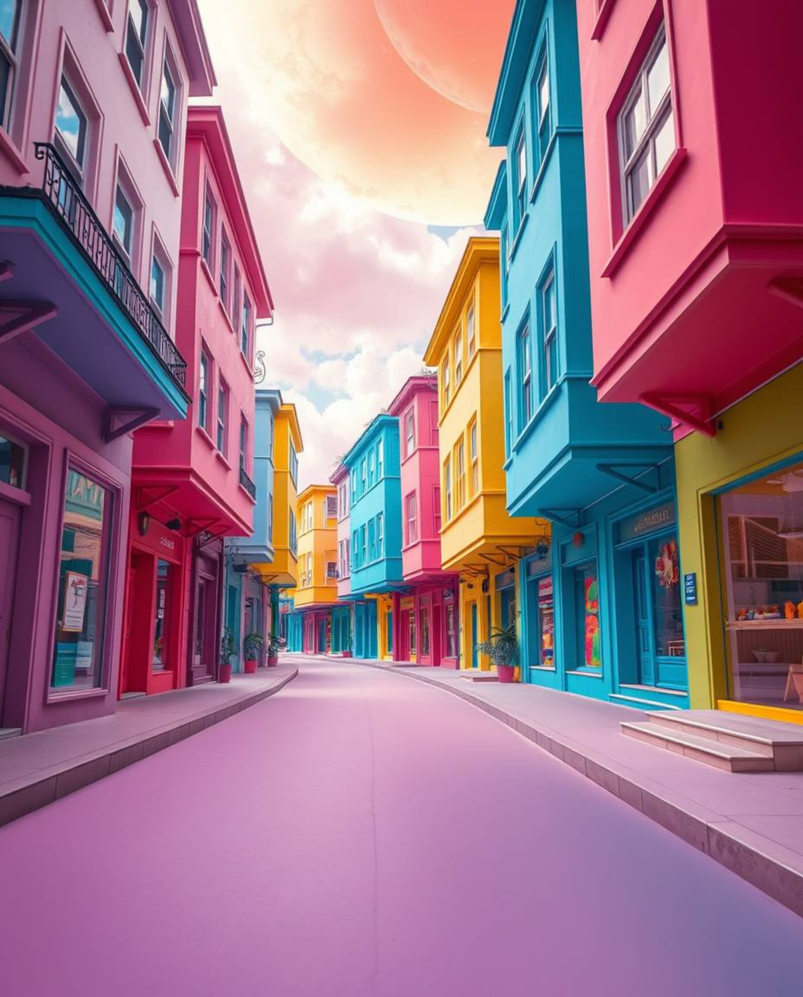 Explore a captivating surreal street scene featuring buildings that fold and twist in a dreamlike fashion.  Bathed in bright,
