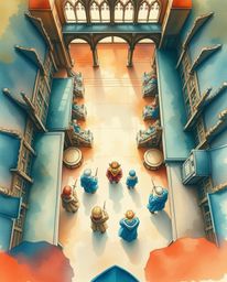 Immerse yourself in a delicate watercolor painting, offering a bird's-eye view of a magical school teeming with young wizards