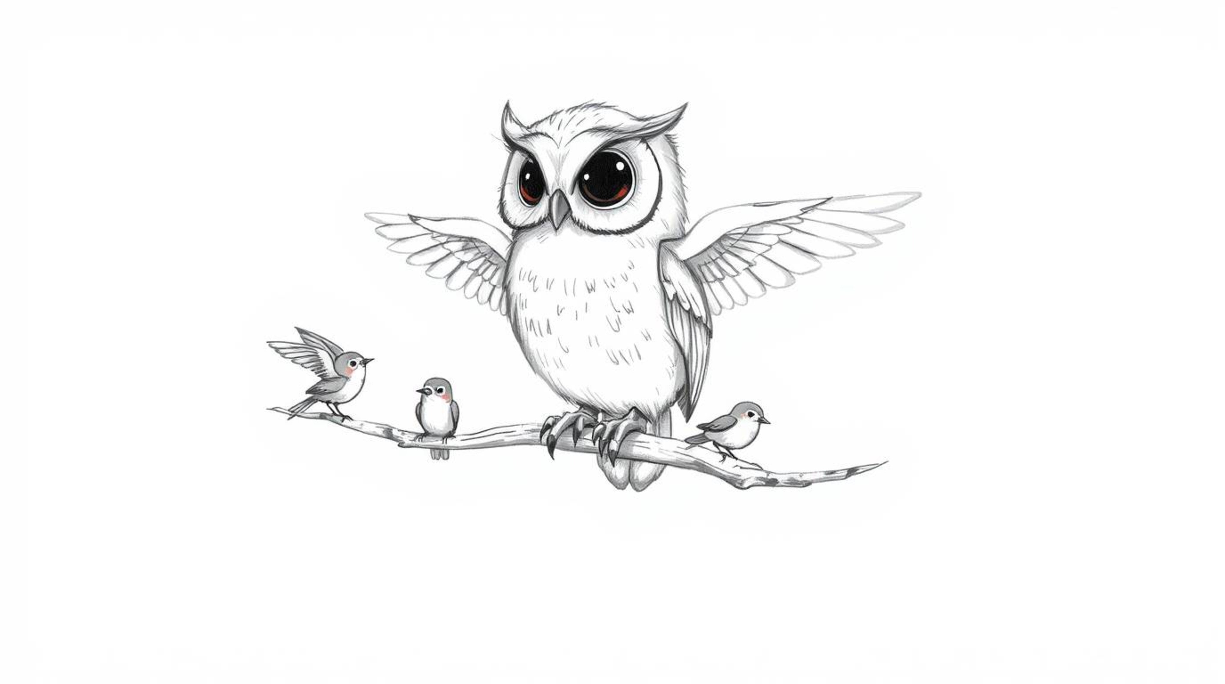 A heartwarming hand-drawn sketch in the style of Pixar depicts a blind owl with soft, feathery textures perched on a hollow b