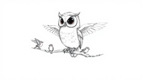 A heartwarming hand-drawn sketch in the style of Pixar depicts a blind owl with soft, feathery textures perched on a hollow b