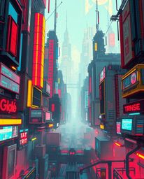 A captivating digital painting portrays a futuristic city malfunctioning in glitch mode.  Flickering lights and shattered hol