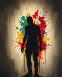 A captivating oil painting showcasing a human silhouette crafted from vibrant splash patterns in a modern art style. The artw