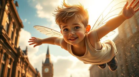 Experience a scene of pure magic: a young boy, possessing the most adorable and charming features with light skin, soars abov