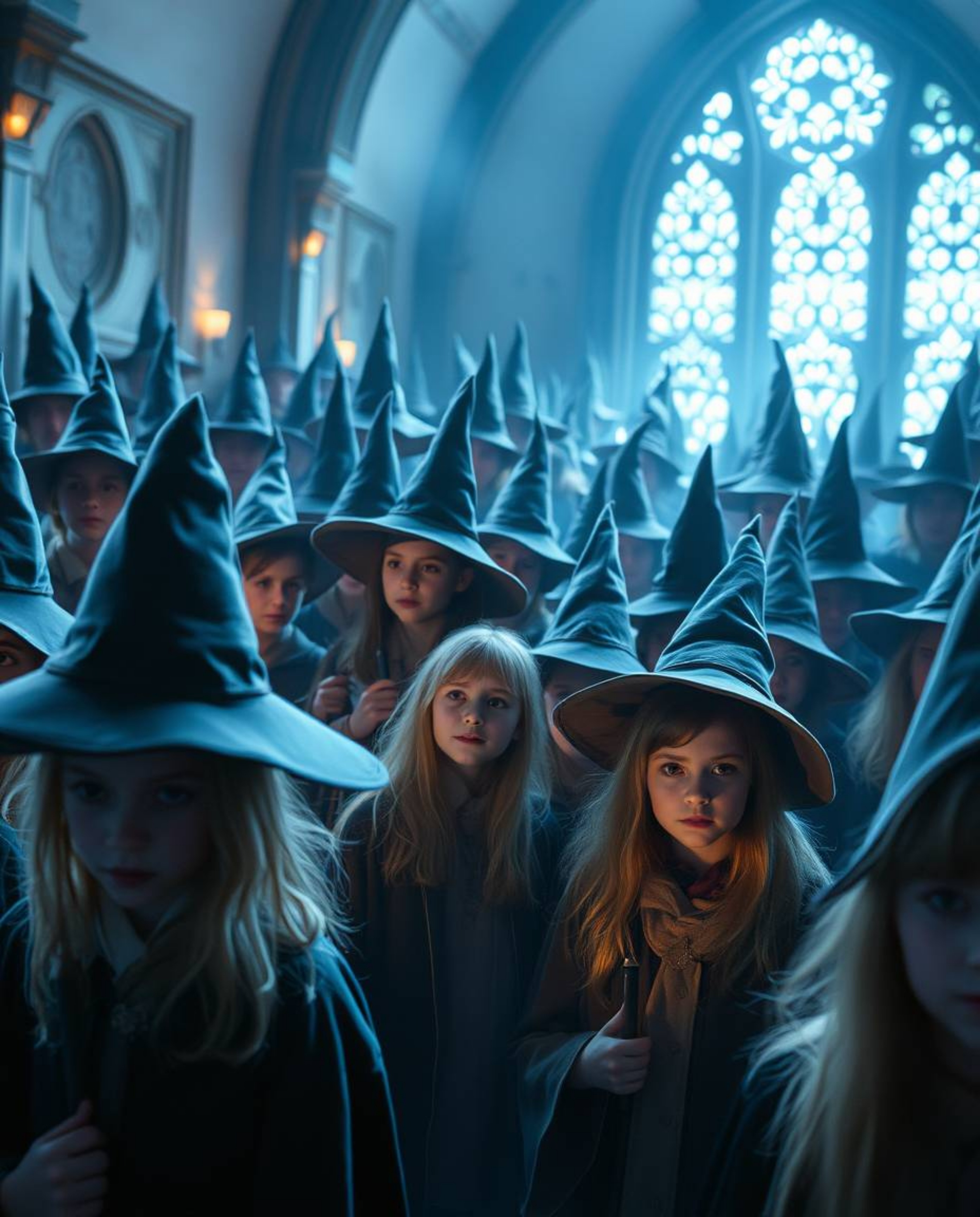 A mesmerizing close-up captures the essence of a magical school teeming with young wizards. The image showcases intricate det