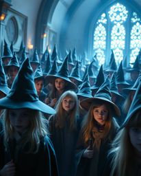A mesmerizing close-up captures the essence of a magical school teeming with young wizards. The image showcases intricate det