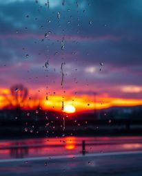 This image captures a wet, rainy scene where delicate snowflakes fall during a vibrant sunset. The composition is defined by 